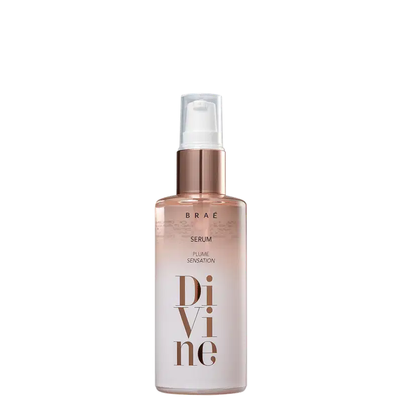 Frasco de serum da marca Braé, com embalagem de vidro e bomba de pulverização, em tons de rosa e bronze, com o nome "Divine" impresso em destaque.
