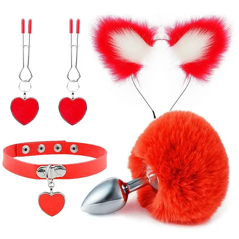 Plug Anal Pompom com Tiara de Orelhas + Grampos para os seios em Metal e Gargantilha