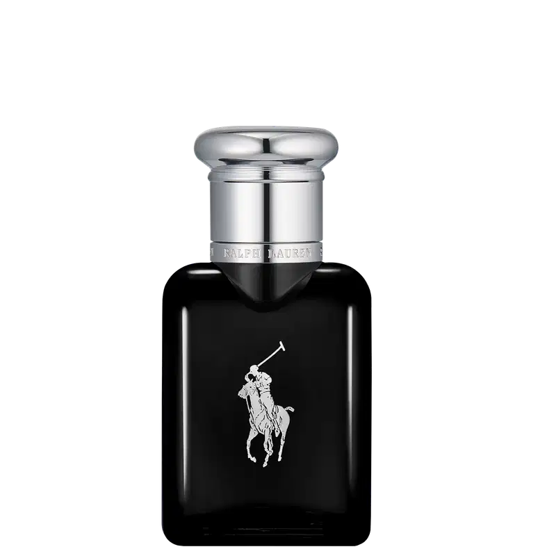 Frasco de perfume preto Polo Black da marca Ralph Lauren com tampa prateada e logotipo da marca em destaque. Embalagem elegante e minimalista em tons escuros.