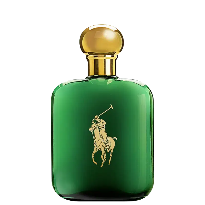 A imagem mostra um frasco de perfume verde, com tampa dourada e a logo da marca no frasco também em dourado.