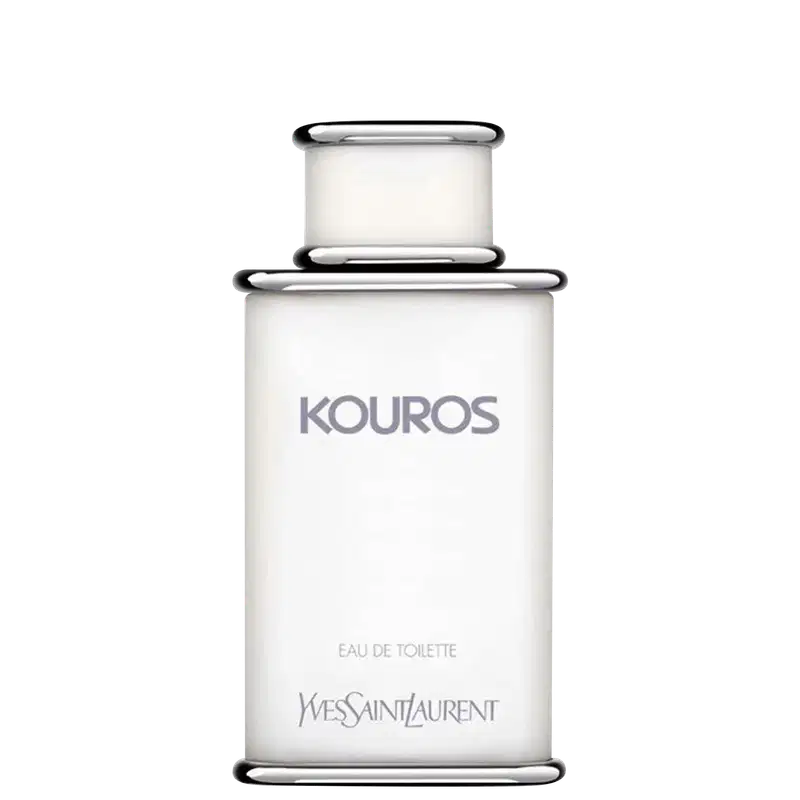 Frasco de perfume Kouros da Yves Saint Laurent, com design elegante e minimalista em tons de branco e cinza. O rótulo destaca o nome da fragrância em letras grandes e o texto "Eau de Toilette" abaixo.