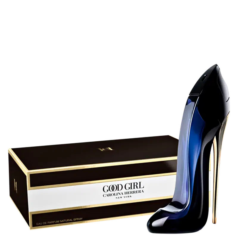 Frasco de perfume feminino da marca Carolina Herrera, chamado "Good Girl", com embalagem preta e dourada. O frasco tem formato de um sapato de salto alto de cor azul escuro.