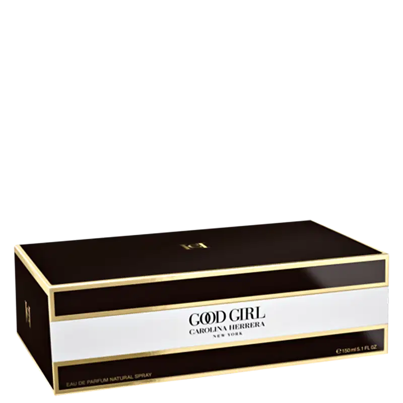 Caixa preta e dourada contendo frasco de perfume da marca Carolina Herrera, chamado "Good Girl", com rótulo branco e texto em preto e dourado.