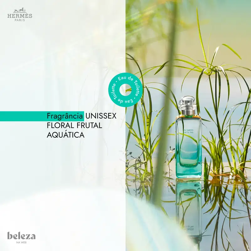 Frasco de perfume Hermès "Un Jardin sur le Nil" com texto "Fragrancia UNISSEX FLORAL FRUTAL AQUÁTICA" e com design elegante em vidro e metal. 