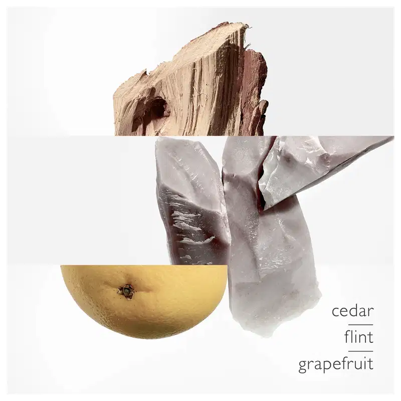 Ambiente natural com elementos rústicos e orgânicos, como madeira, pedra e frutas cítricas, sugerindo uma conexão com a natureza e uma abordagem minimalista e sofisticada da marca Hermès.