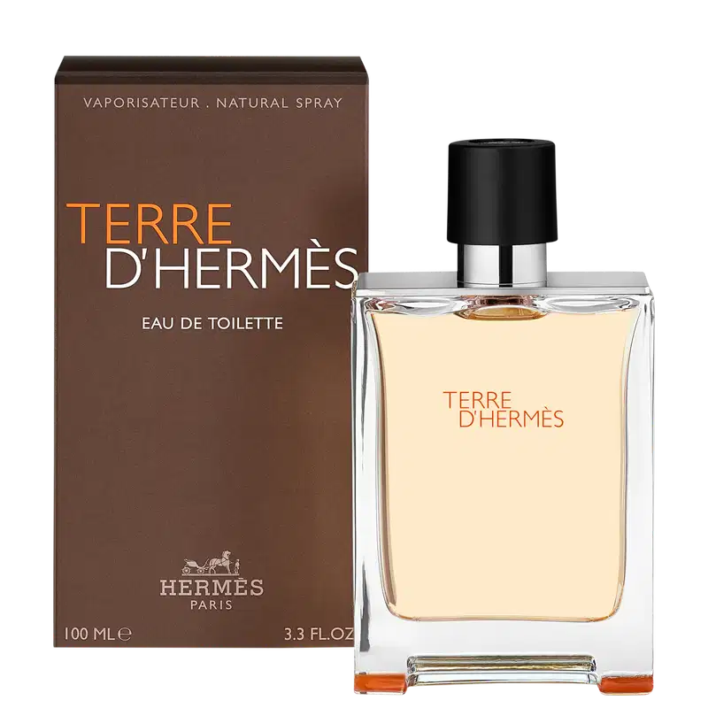 Frasco de perfume Terre d'Hermès com design elegante e minimalista em vidro transparente. Rótulo com texto em vermelho destaca o nome da fragrância.