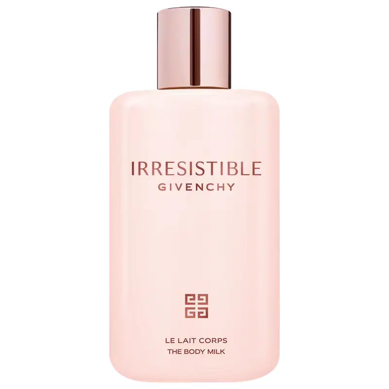 Frasco de loção corporal Irresistible da Givenchy, com embalagem rosa pálido e detalhes em metal rosé. O rótulo destaca o nome da fragrância em letras grandes.