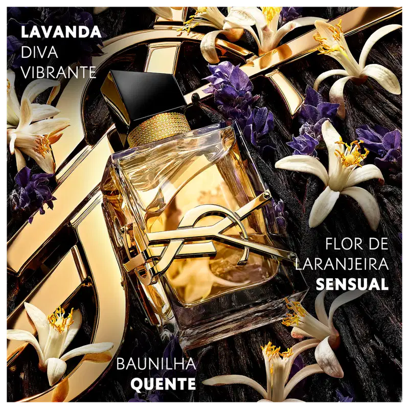 Frasco de perfume Libre Yves Saint Laurent com design elegante e sofisticado. Embalagem de vidro transparente com detalhes dourados, tampa preta e rótulo com logotipo da marca.