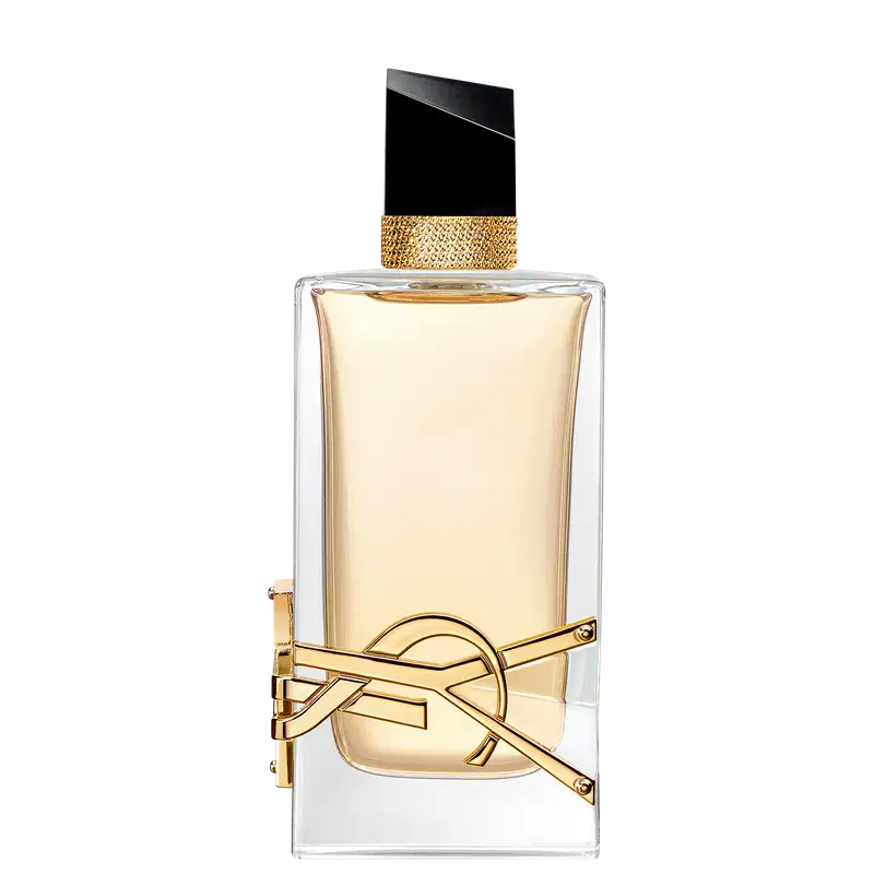 Frasco de perfume Libre Yves Saint Laurent com design elegante e sofisticado. Embalagem de vidro transparente com detalhes dourados, tampa preta e rótulo com logotipo da marca.