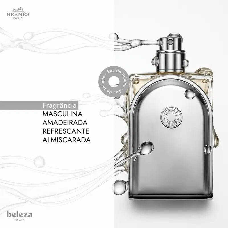 Frasco de item de perfumaria da marca Hermès com design elegante e detalhes em metal, contendo líquido claro com texto "Fragrância Masculina Amadeirada Refrescante Almiscarada".