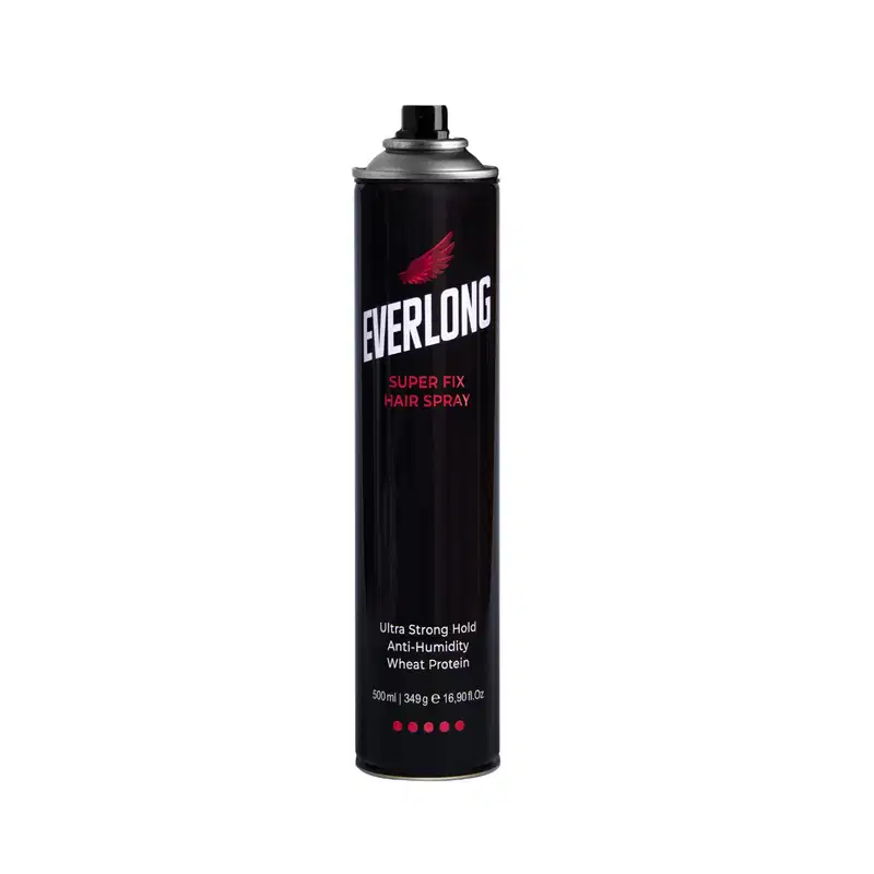 Frasco de spray para cabelo Everlong de cor preta, com rótulo vermelho destacando o nome da marca e a descrição "Super Fix Hair Spray". O produto apresenta informações sobre sua fórmula, como "Ultra Strong Hold", "Anti-Humidity" e "Wheat Protein".
