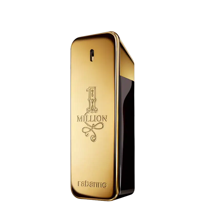 Frasco de perfume dourado com rótulo "1 Million" da marca Paco Rabanne, em formato retangular com detalhes decorativos.