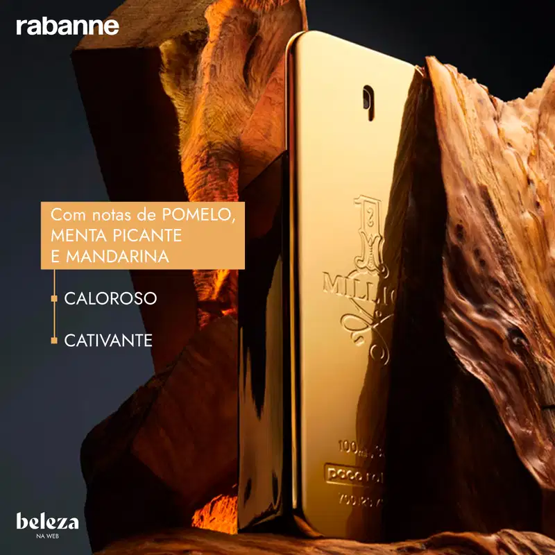 Frasco de perfume dourado com rótulo "1 Million" da marca Paco Rabanne, em formato retangular com detalhes decorativos.