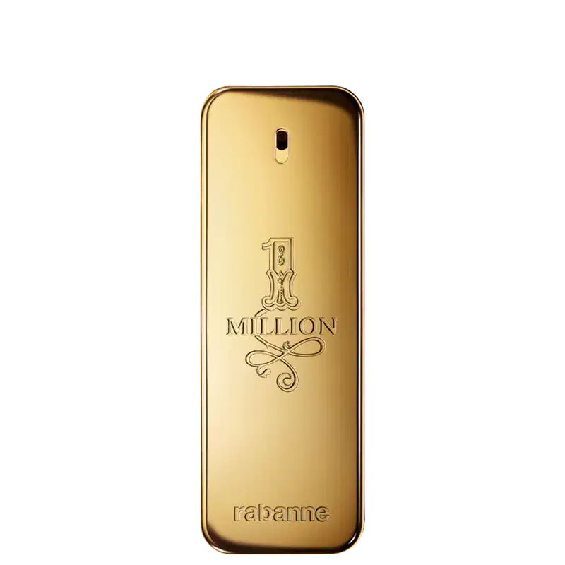 Frasco de perfume dourado com rótulo "1 Million" da marca Paco Rabanne, em formato retangular com detalhes decorativos.