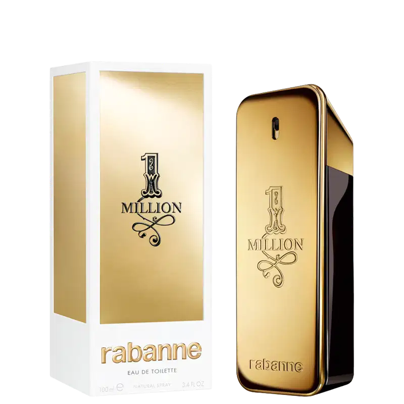 Frasco de perfume dourado com rótulo "1 Million" da marca Paco Rabanne, em formato retangular com detalhes decorativos.