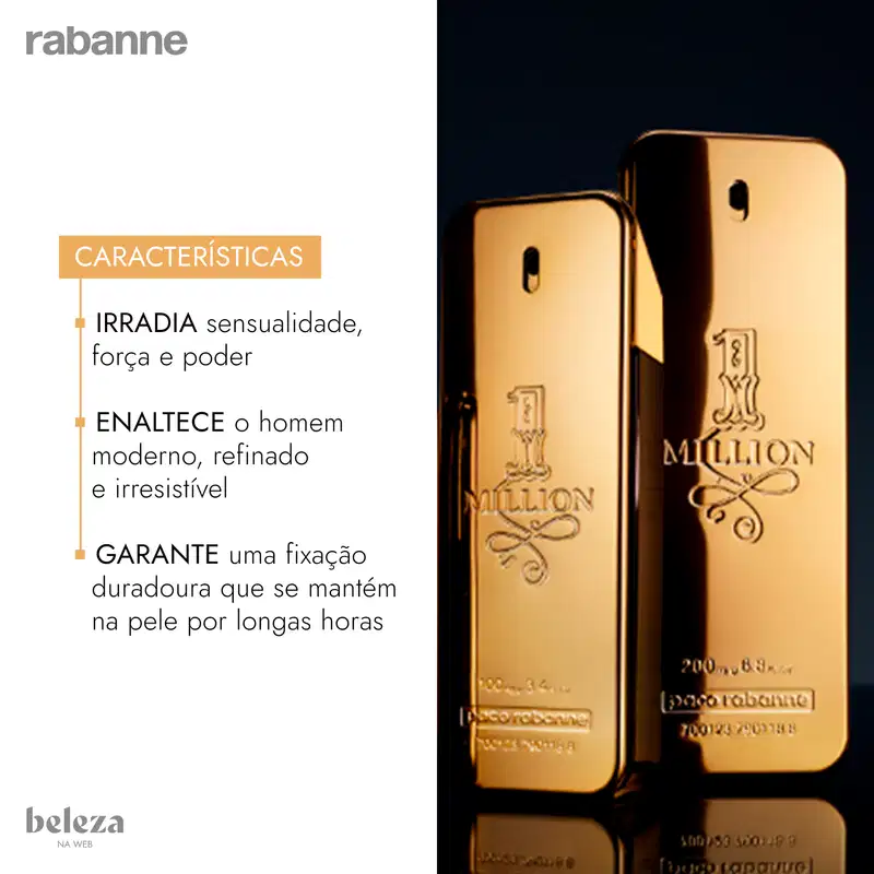 Frasco de perfume dourado com rótulo "1 Million" da marca Paco Rabanne, em formato retangular com detalhes decorativos.
