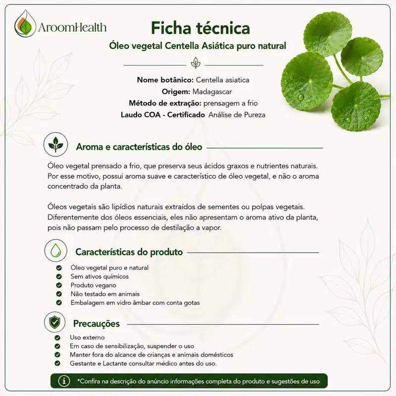 Óleo Vegetal Puro Natural Prensado a Frio de Centella Asiática 30ml