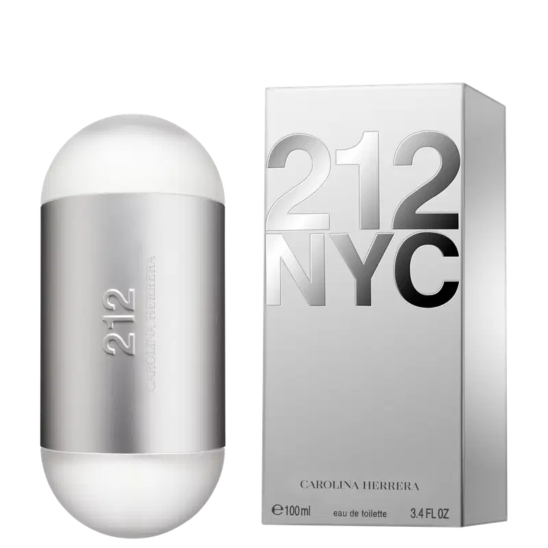 Frasco de perfume Carolina Herrera 212 em formato oval, com superfície prateada e detalhes em branco. O rótulo exibe o nome da fragrância em letras grandes.