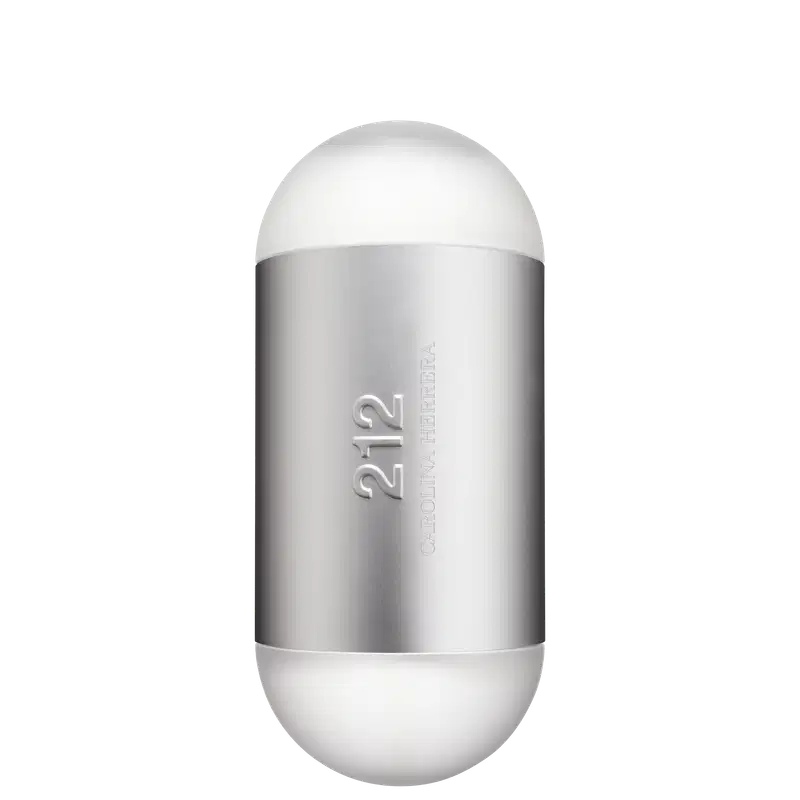 Frasco de perfume Carolina Herrera 212 em formato oval, com superfície prateada e detalhes em branco. O rótulo exibe o nome da fragrância em letras grandes.