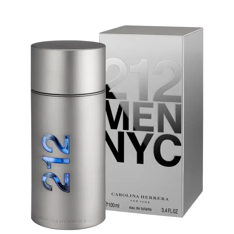 Frasco de perfume prateado da linha 212 da Carolina Herrera, com tampa e rótulo azul destacando o número "212".