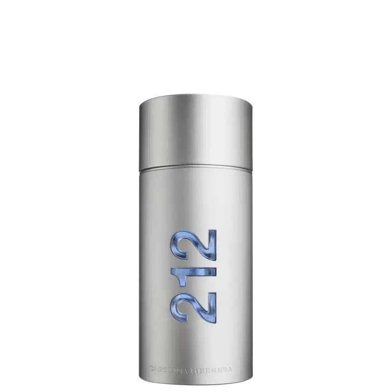 Frasco de perfume prateado da linha 212 da Carolina Herrera, com tampa e rótulo azul destacando o número "212".