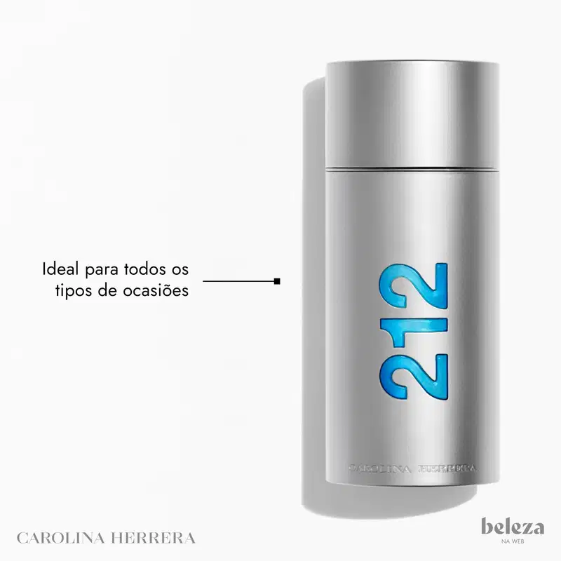 Frasco de perfume prateado da linha 212 da Carolina Herrera, com tampa e rótulo azul destacando o número "212".