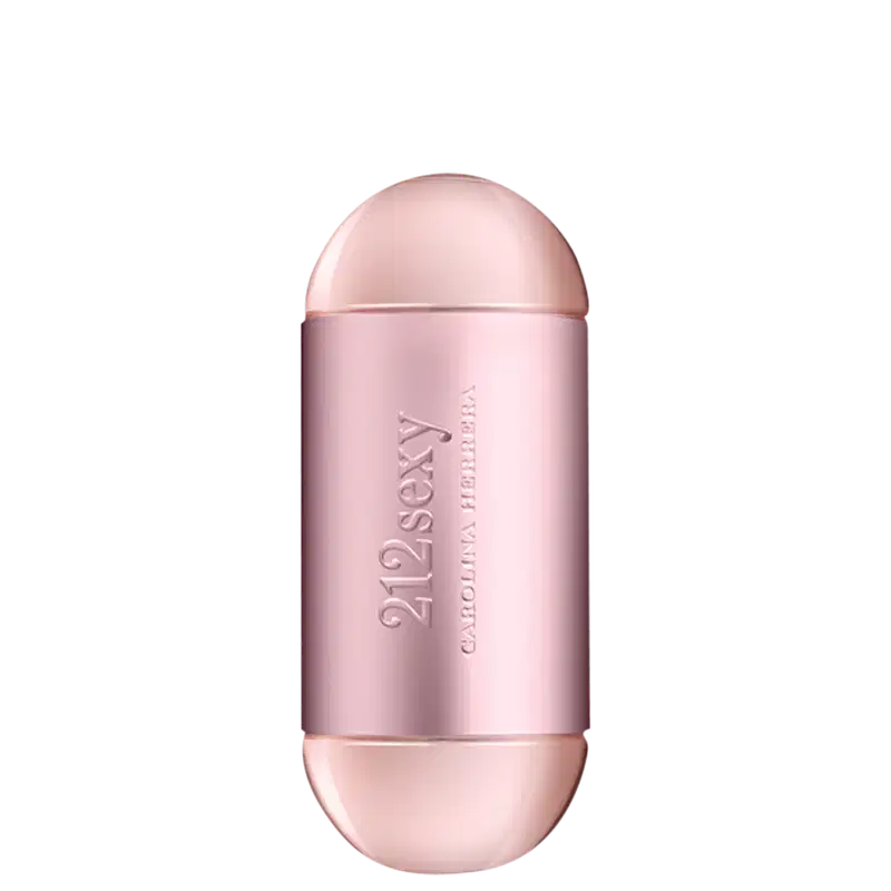 Frasco de perfume Carolina Herrera 212 Sexy, com formato cilíndrico e tampa arredondada, em tons de rosa claro. O rótulo exibe o nome da fragrância em letras prateadas.