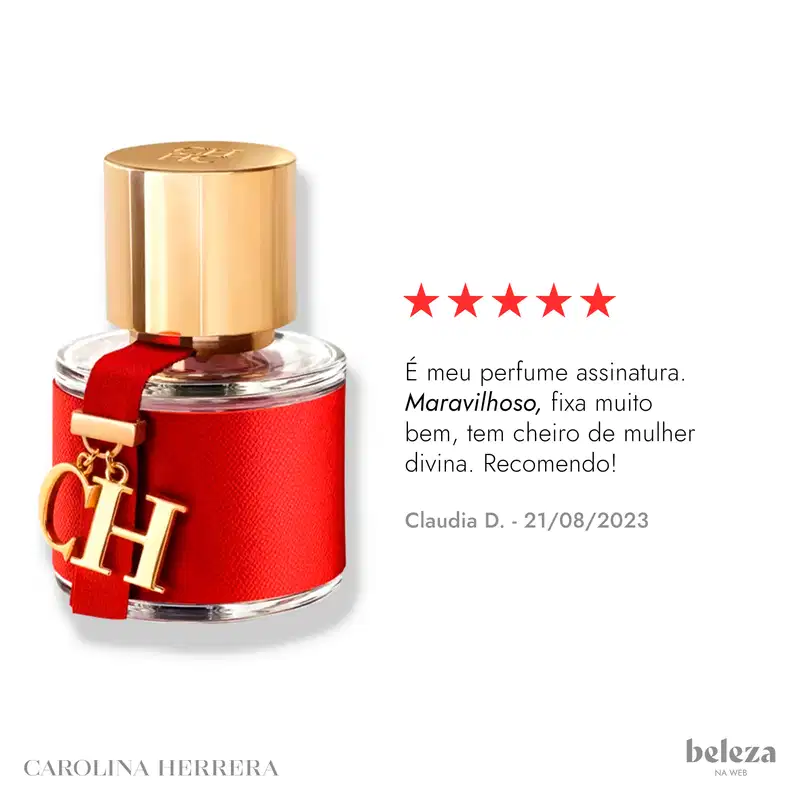 Frasco de perfume Carolina Herrera em embalagem vermelha com detalhes dourados, tampa dourada e logotipo da marca visível.