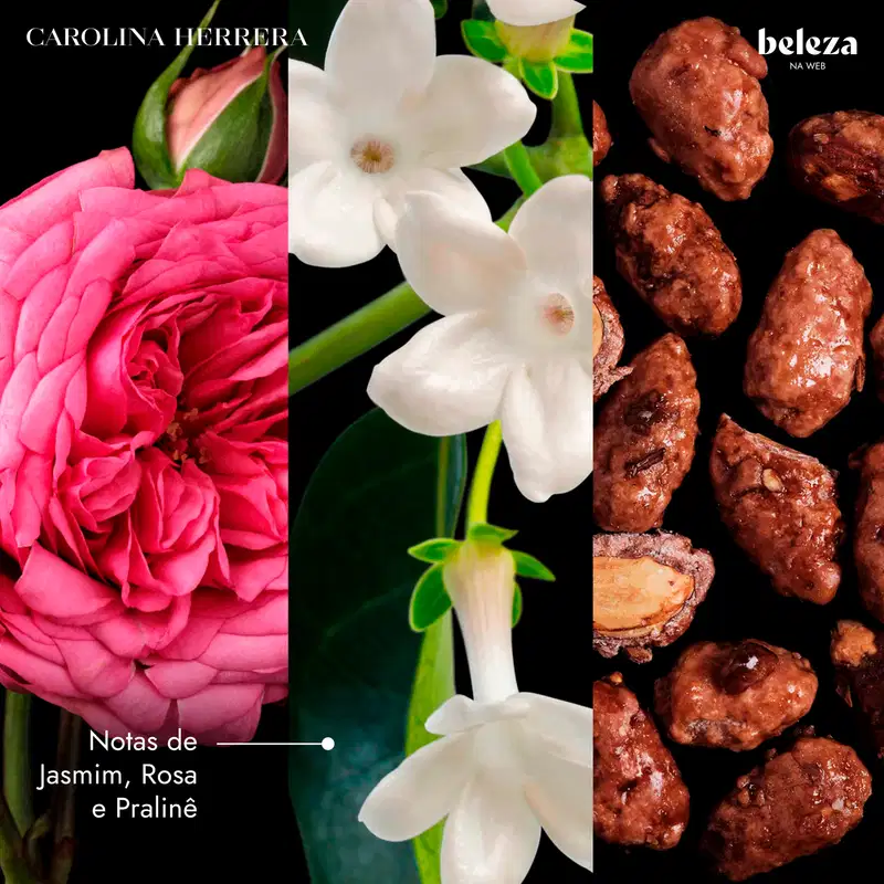 A imagem apresenta uma composição de elementos relacionados à marca Carolina Herrera, incluindo flores brancas e rosas em tons de rosa, além de notas de jasmim, rosa e pralinê, sugerindo um ambiente de beleza e fragrância.