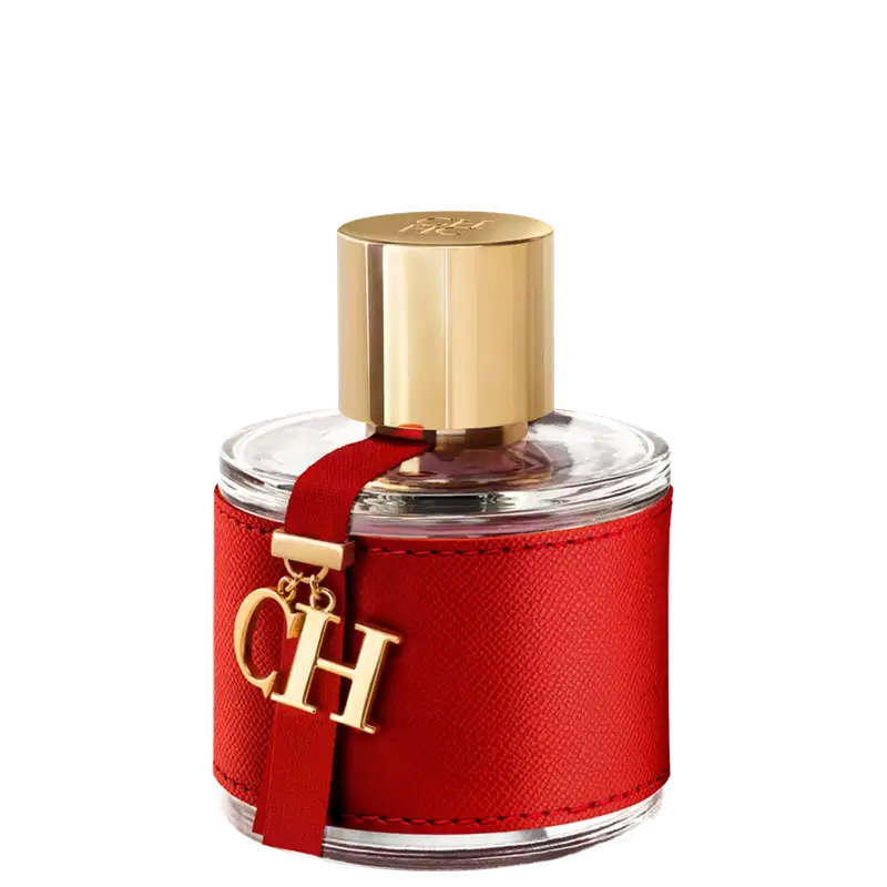 Frasco de perfume Carolina Herrera em embalagem vermelha com detalhes dourados, tampa dourada e logotipo da marca visível.
