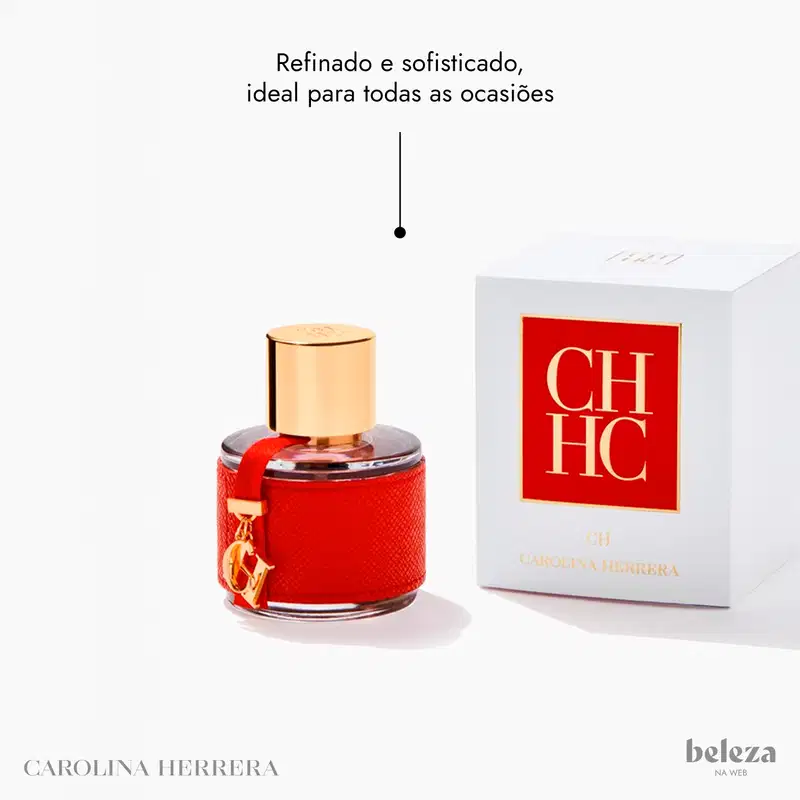 Frasco de perfume Carolina Herrera em embalagem vermelha com detalhes dourados, tampa dourada e logotipo da marca visível.
