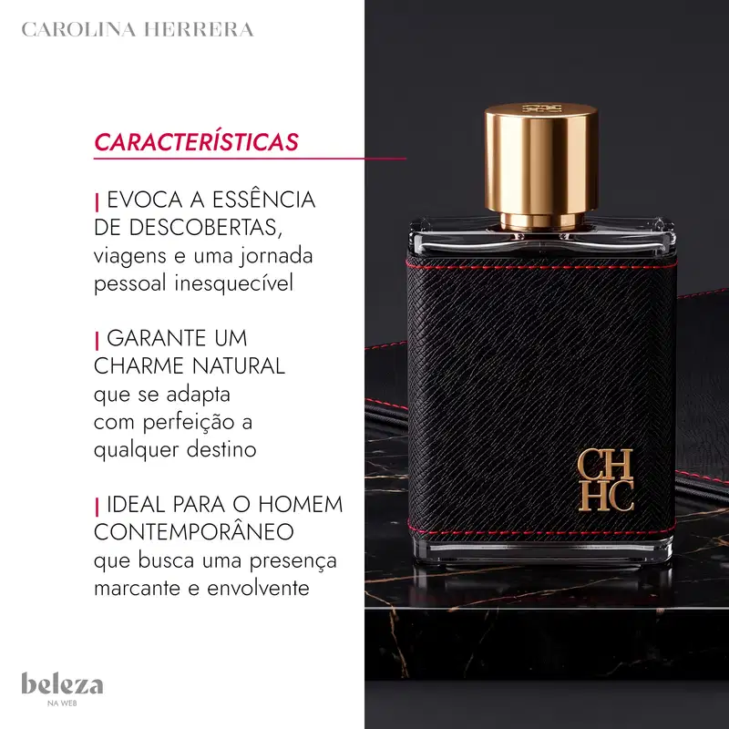 Frasco de perfume Carolina Herrera em embalagem preta com detalhes em vermelho, tampa dourada com logotipo CHHC. Recipiente de vidro com design elegante e sofisticado.