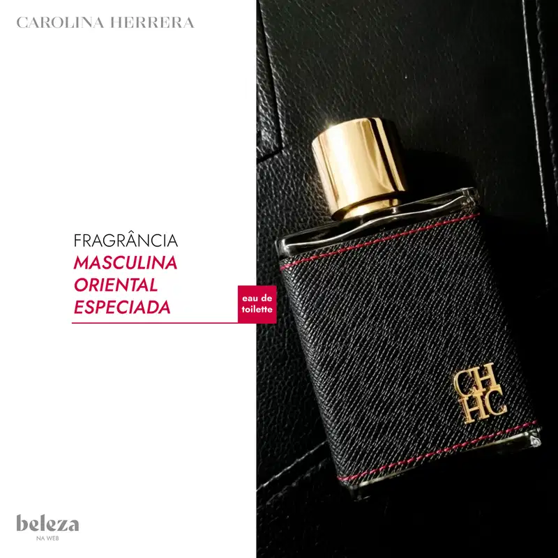 Frasco de item de perfumaria da marca Carolina Herrera com design preto e detalhes dourados, contendo texto "Fragrância Masculina Oriental Especiada" e "Eau de Toilette".