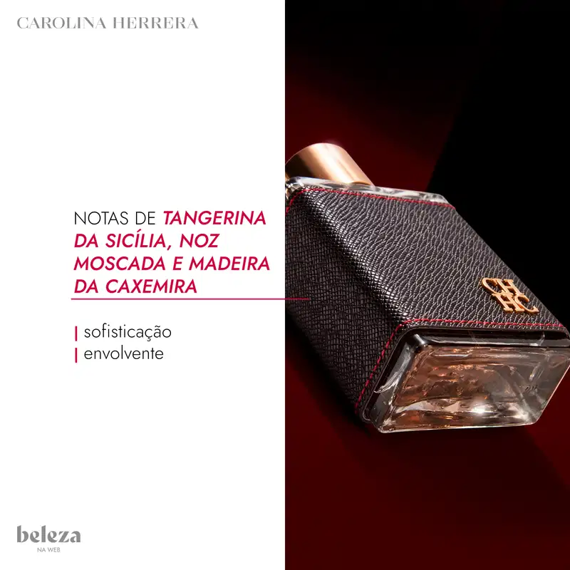 Embalagem preta com detalhes em vermelho e dourado, com texto "NOTAS DE TANGERINA DA SICÍLIA, NOZ MOSCADA E MADEIRA DA CAXEMIRA" e logotipo da marca Carolina Herrera.