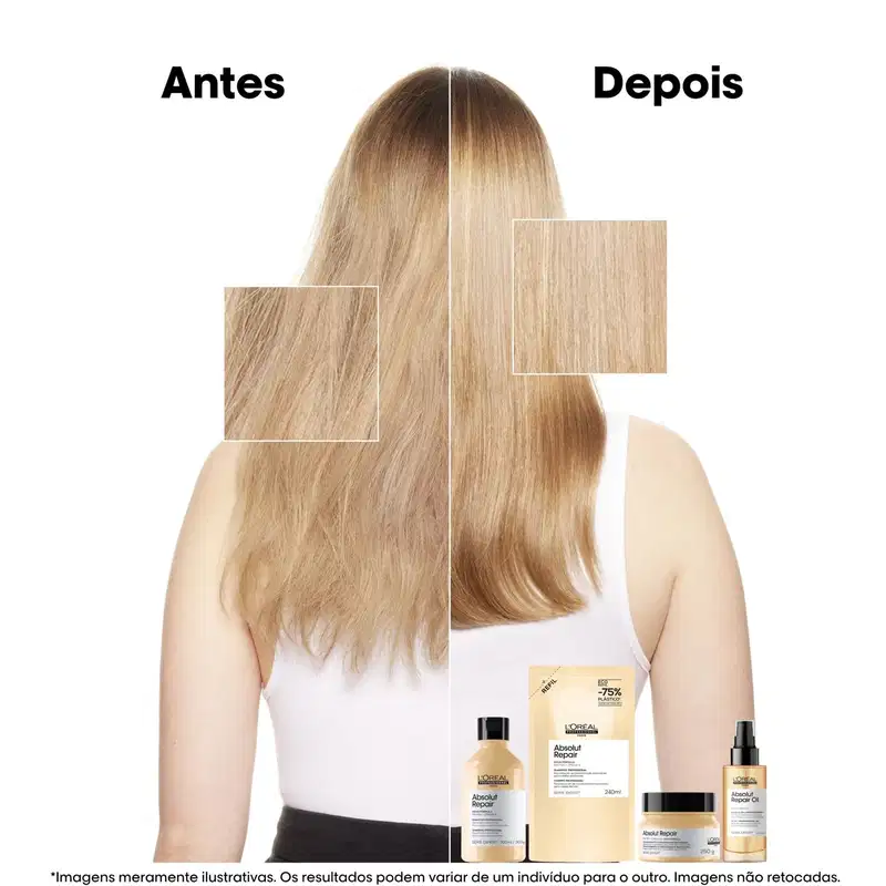 Imagem de antes e depois do uso de produtos de tratamento de cabelos da marca L'Oréal Professionnel, destacando a melhoria na aparência e textura dos fios após a aplicação.