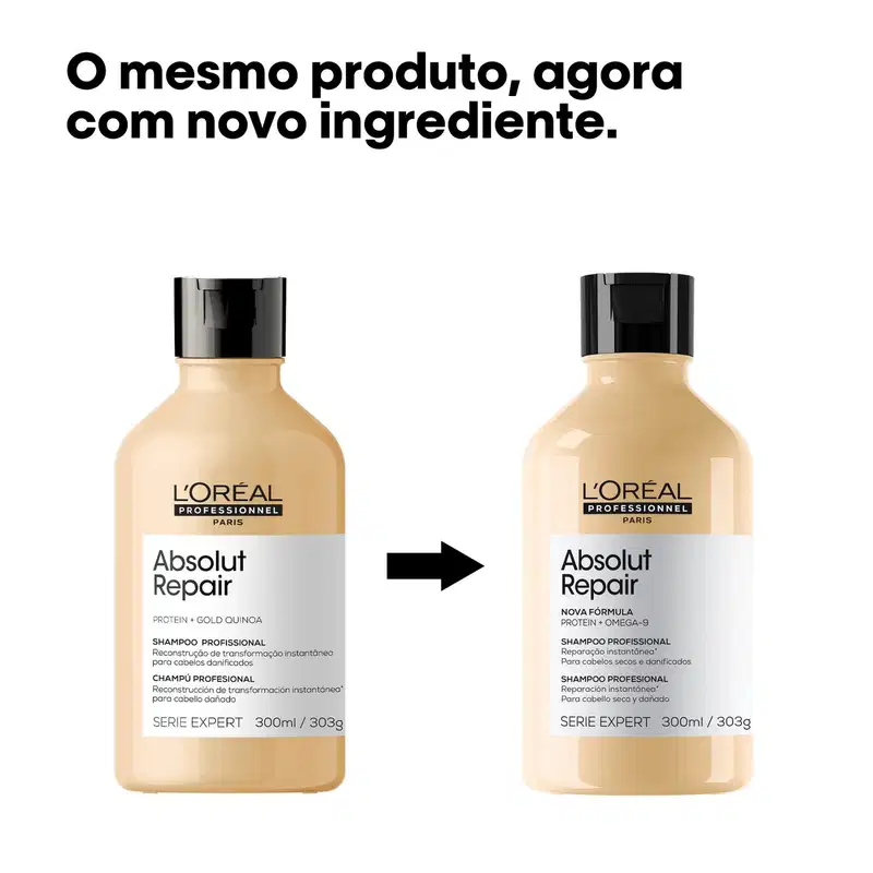 A imagem apresenta dois frascos de shampoo da marca L'Oréal Professionnel, da linha Absolut Repair, com uma nova fórmula destacada. 
