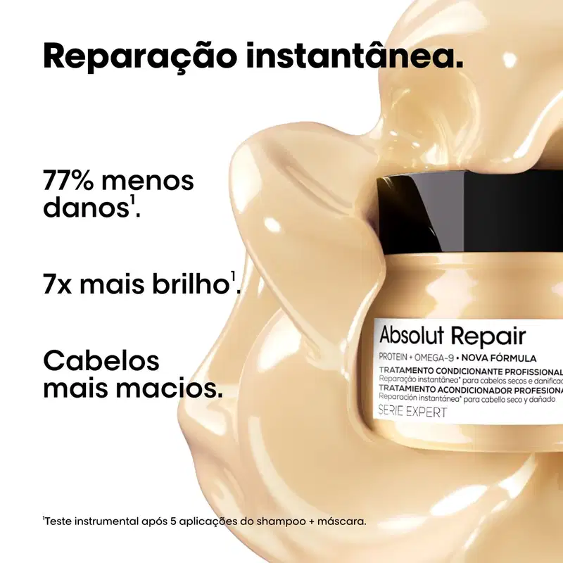 Tratamento condicionante profissional Absolut Repair em embalagem de 250g, com fórmula à base de proteína-ômega-3 e sem ingredientes de origem animal, conforme indicado no rótulo.