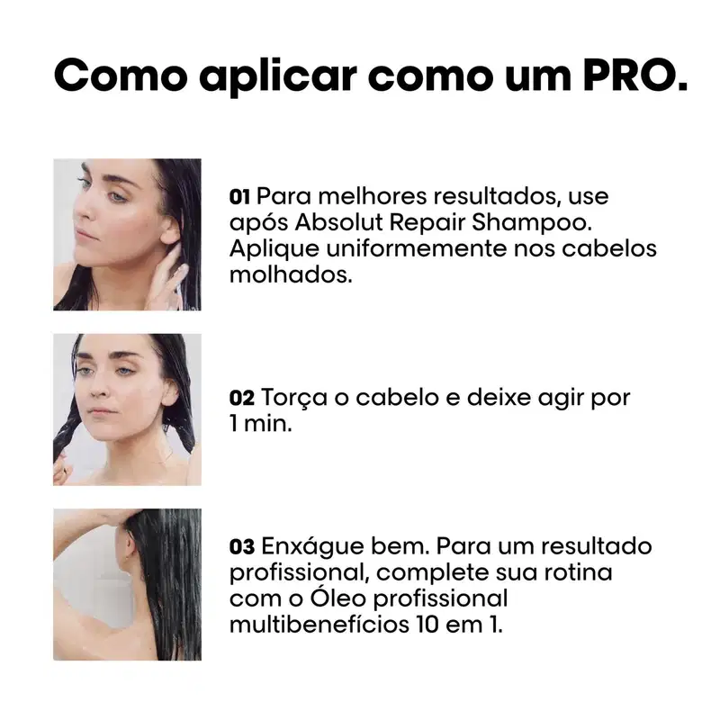 O anúncio apresenta instruções de como aplicar um produto de tratamento capilar da L'Oréal Professionnel, com imagens de uma mulher aplicando o produto em seus cabelos.