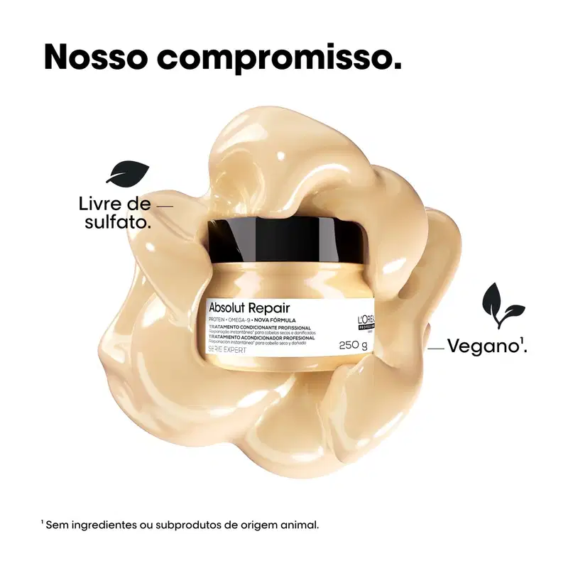 Tratamento condicionante profissional Absolut Repair em embalagem de 250g, com fórmula à base de proteína-ômega-3 e sem ingredientes de origem animal, conforme indicado no rótulo.