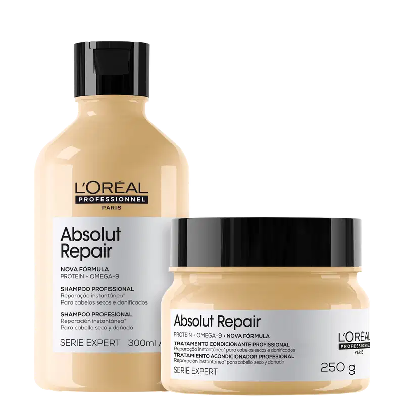 Dois produtos da linha Absolut Repair da L'Oréal Professionnel Paris: um frasco de shampoo de 300 ml e um pote de tratamento condicionador de 250 g, ambos com embalagens pretas e brancas.