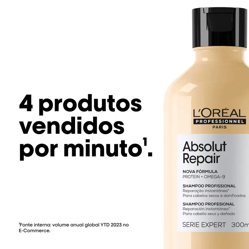O produto de beleza da marca L'Oréal Professionnel é um shampoo da linha Absolut Repair, com embalagem preta e branca, destinado a cabelos secos e danificados. Texto: 4 produtos vendidos por minuto