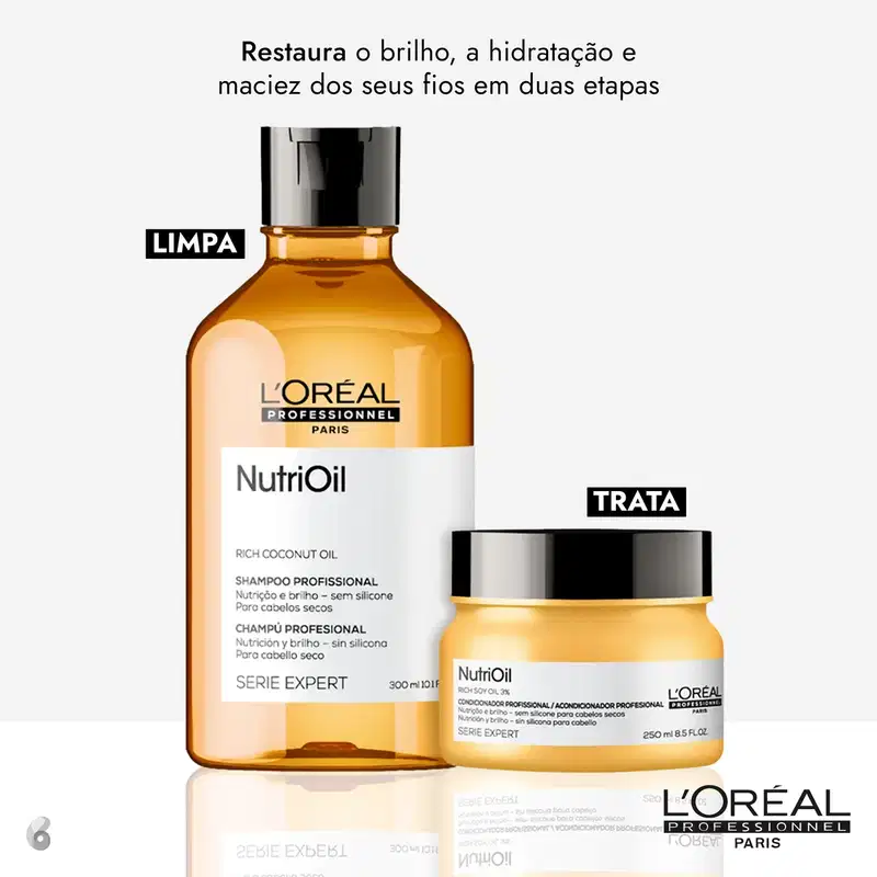 Dois produtos da linha L'Oréal Professionnel Serie Expert NutriOil: um frasco de shampoo e um pote de condicionador, ambos com embalagem de vidro âmbar e detalhes em preto e branco, destacando os ingredientes de óleo de coco.