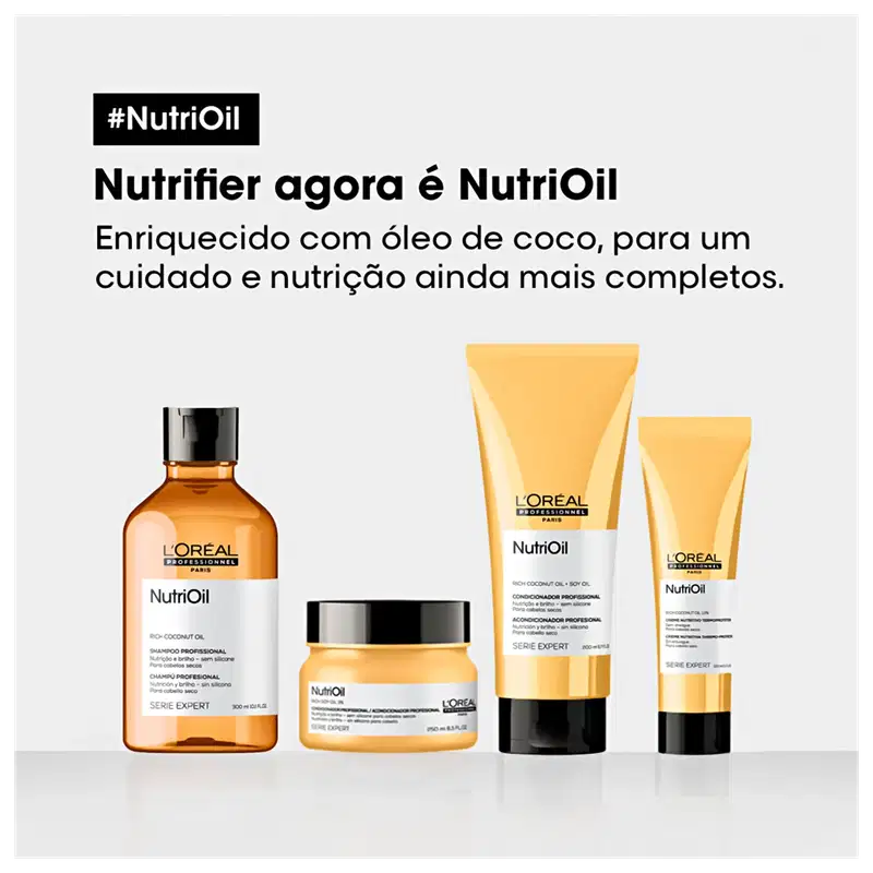 A linha de produtos de beleza L'Oréal Professionnel NutriOil, composta por shampoo, condicionador e tratamento em embalagens de vidro e plástico com predominância da cor laranja.