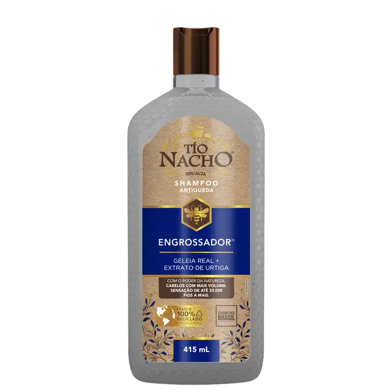 Frasco de shampoo Tío Nacho Engrossador, com 415 mL de volume, apresentando design com textura de favo de mel e rótulo em azul e dourado, destacando a presença de geleia real e extrato de urtigas.
