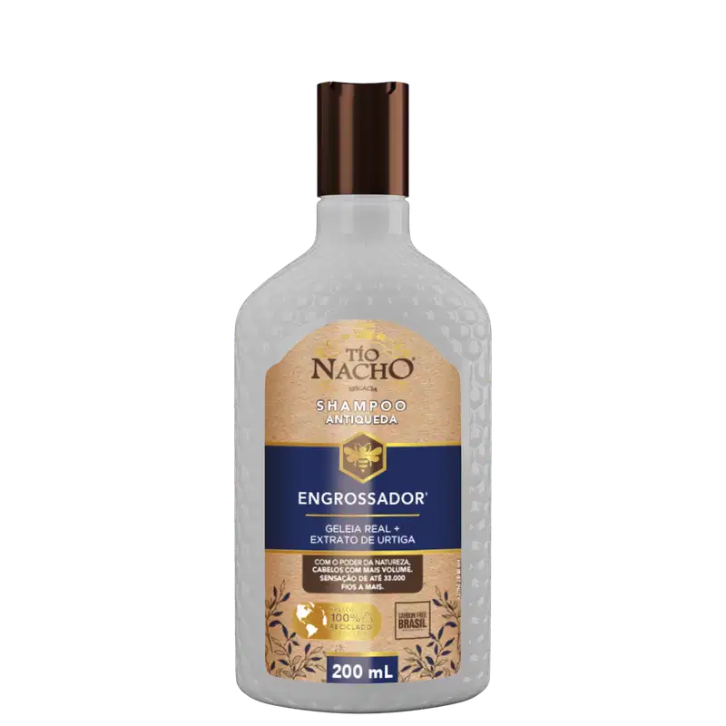 Frasco de shampoo Tío Nacho Engrossador, com 200 mL, apresentando embalagem branca com detalhes em dourado e azul, destacando ingredientes como geleia real e extrato de urtiga.