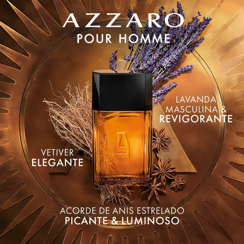 Frasco de perfume Azzaro com design geométrico em preto e amarelo, contendo líquido âmbar. Rótulo com logotipo da marca em destaque.