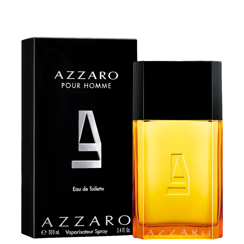 Frasco de perfume Azzaro com design geométrico em preto e amarelo, contendo líquido âmbar. Rótulo com logotipo da marca em destaque.