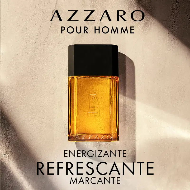 Frasco de perfume Azzaro com design geométrico em preto e amarelo, contendo líquido âmbar. Rótulo com logotipo da marca em destaque.