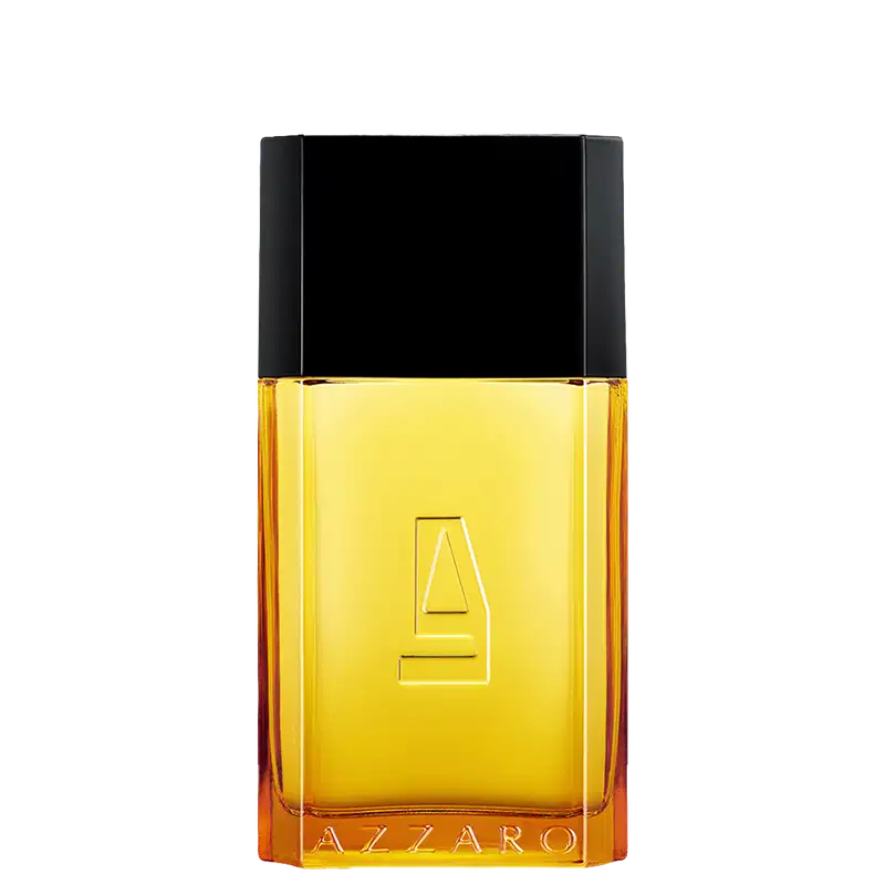 Frasco de perfume Azzaro com design geométrico em preto e amarelo, contendo líquido âmbar. Rótulo com logotipo da marca em destaque.