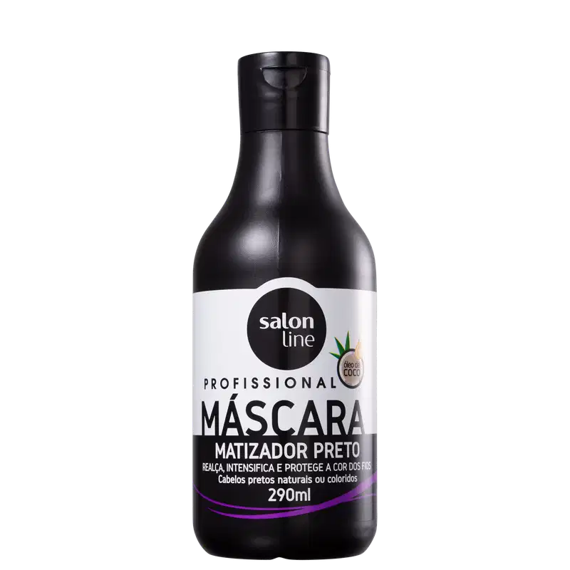 Frasco preto de 290ml da máscara matizadora preta da linha profissional Salon Line, com rótulo branco e preto destacando o nome do produto e sua função de realçar e proteger cabelos pretos naturais ou coloridos.